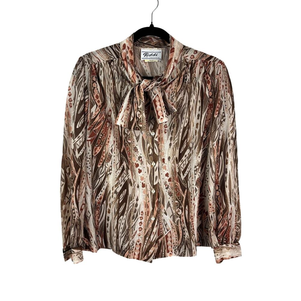 Vintage Teddi of California Blouse Scarf Collar Brown Art Print 80s Women's 10